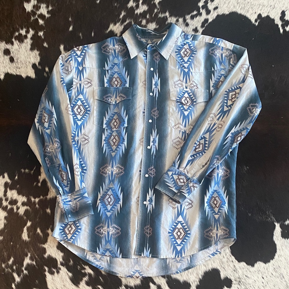 Wrangler Blue and Cream Aztec Button-Down Shirt